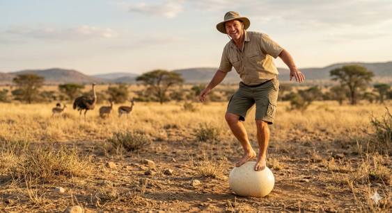 a man standing on ostrich egg at the savannah