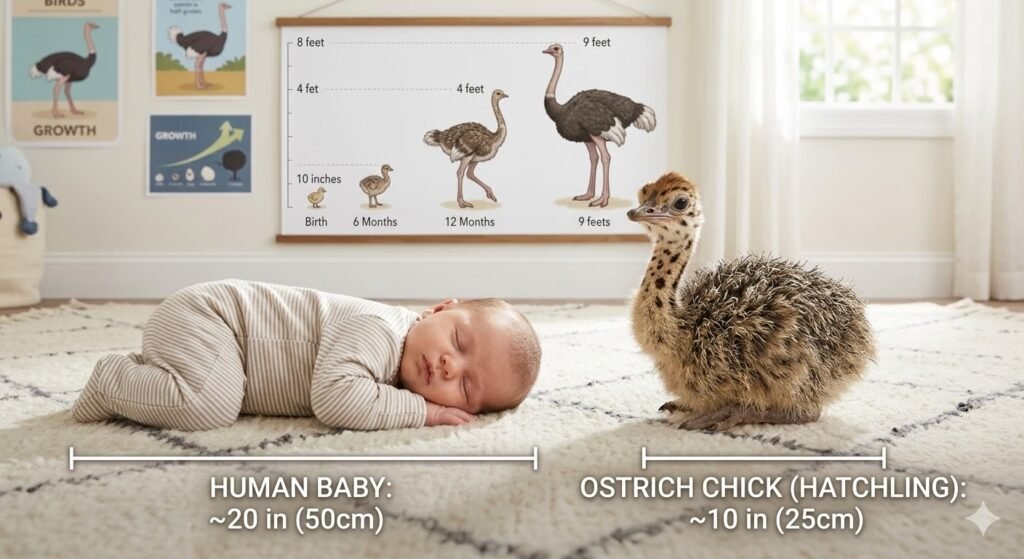 A cute side-by-side comparison between a human baby and a small ostrich chick on a soft rug, with a growth chart in the background showing how rapidly ostriches grow to full size