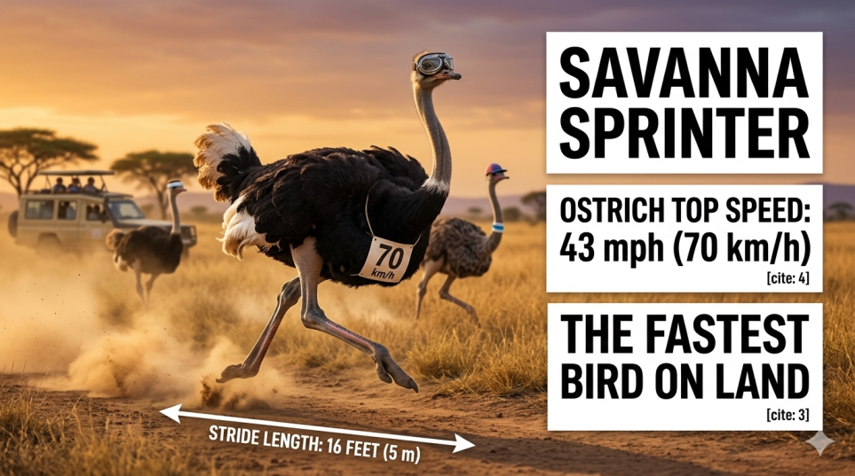 A funny featured image of a male ostrich wearing aviator goggles and a race number "70 km/h" sprinting across the African savanna, with just the title "SAVANNA SPRINTER".