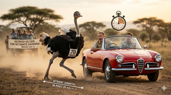 A funny featured image of a male ostrich wearing aviator goggles and a race number "70 km/h" sprinting next to a classic sports car on the African savanna, with just the title "SAVANNA RACE".