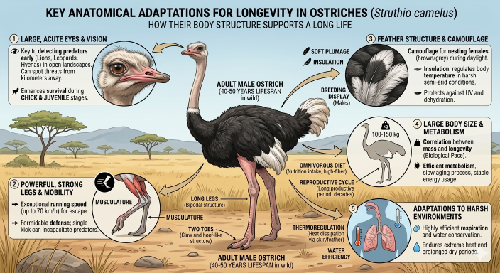 A detailed view of an ostrich's powerful legs and large eyes, illustrating the physical adaptations that contribute to its long lifespan in the wild.
