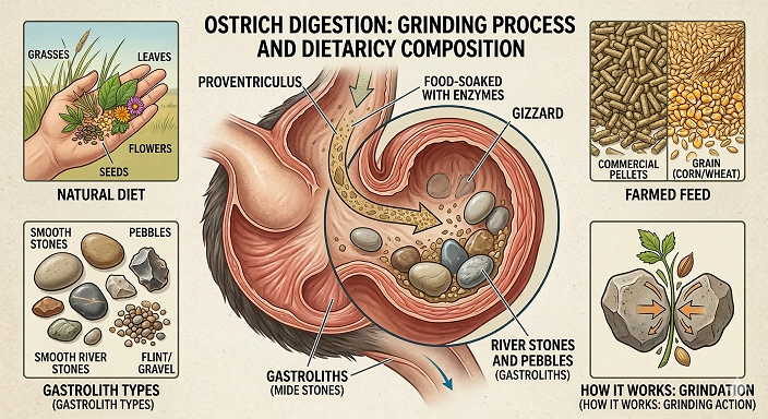 An educational infographic showing ostrich digestion and diet. It features a diagram of an ostrich gizzard containing gastroliths (stones) for grinding food, alongside panels showing wild diet (grasses, seeds) and farmed feed (pellets, grain).