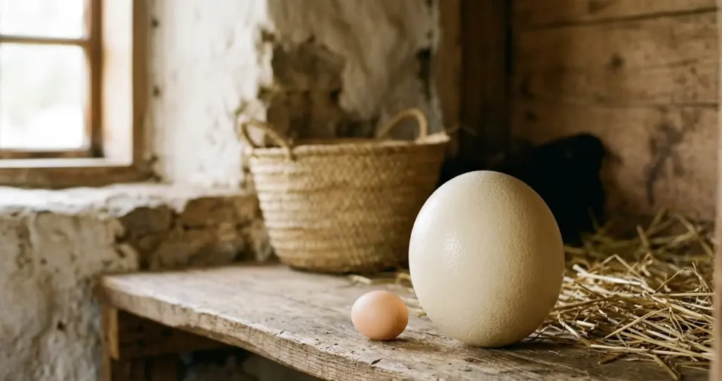 large ostrich egg next to chicken eggs on rustic wooden table