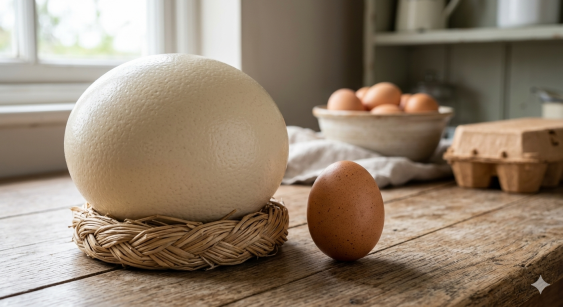 an ostrich egg and chicken egg comparison in the same photo
