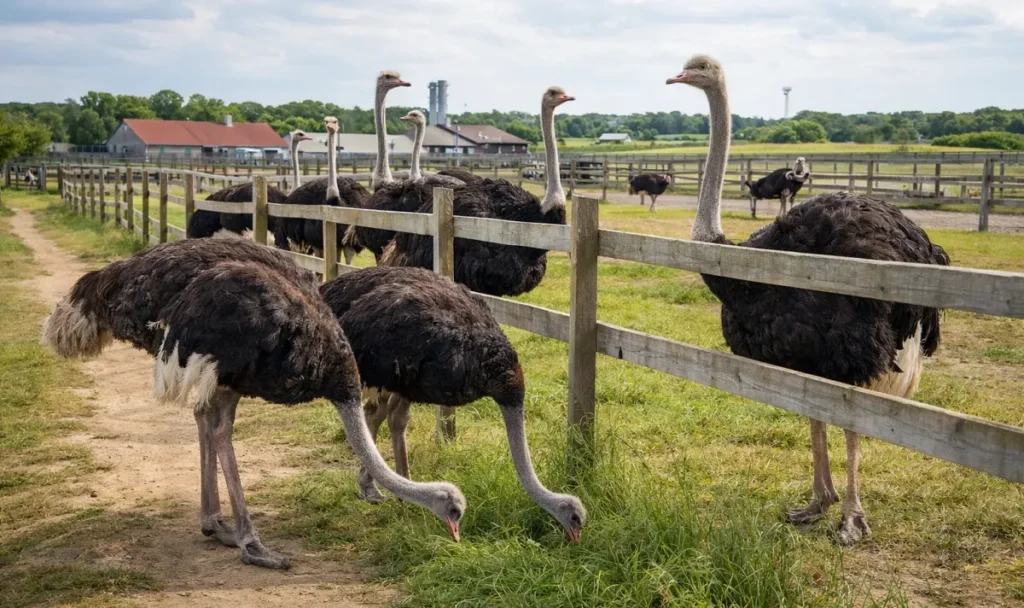 ostriches in fenced paddock on commercial ostrich farm