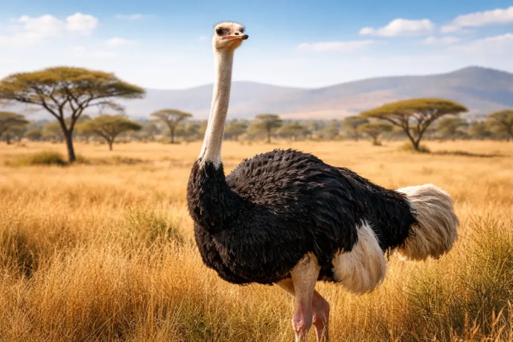 adult ostrich standing in African savanna habitat