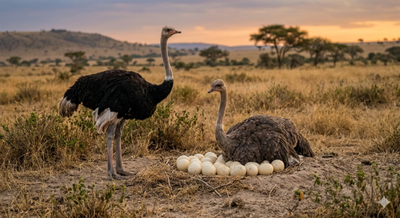 A close-up of a female ostrich sitting on a large communal nest filled with numerous ostrich eggs in a dry grassland environment.