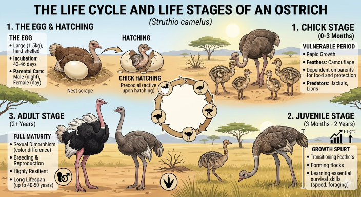 An educational infographic showing the life cycle of an ostrich, featuring the egg and hatching stage, the vulnerable chick stage (0-3 months), the rapid growth juvenile stage (3 months to 2 years), and the resilient adult stage with sexual dimorphism.
