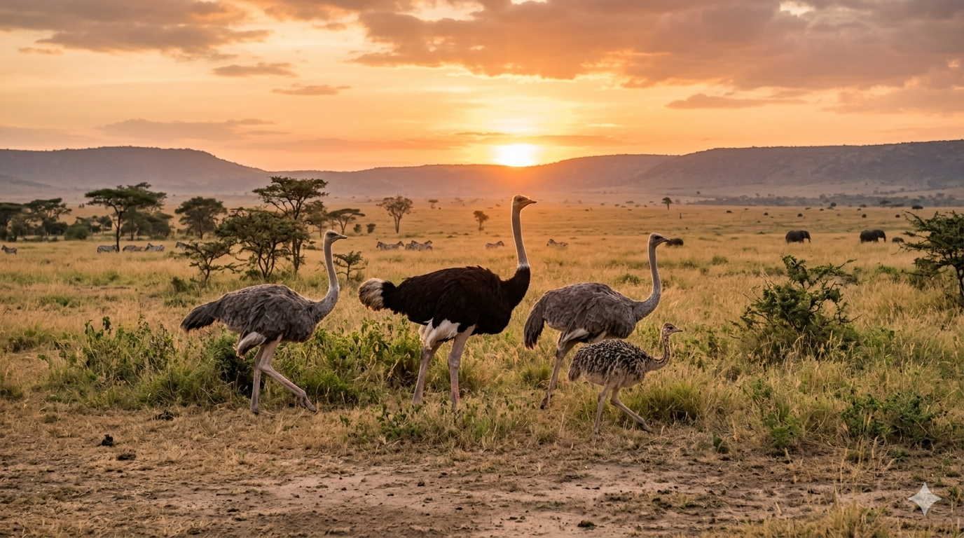 "A majestic group of adult ostriches and a young chick walking through the African savanna during a golden sunset, representing the long life cycle and natural habitat of the species."