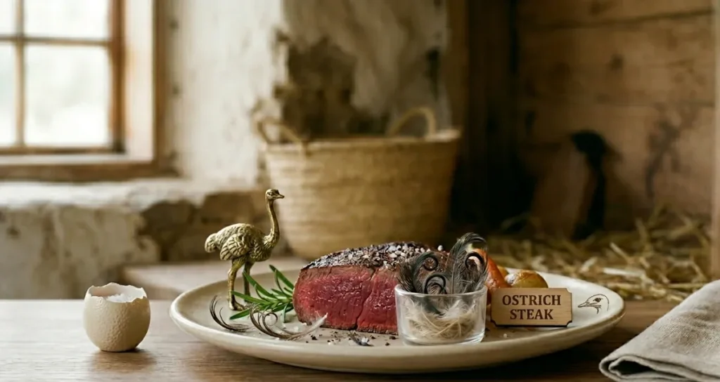 ostrich steak with tiny ostrich model