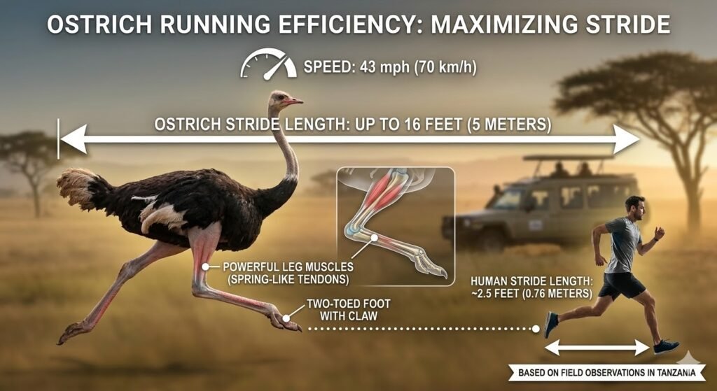 An infographic diagram comparing the massive 10 to 16-foot stride length of a running ostrich to a human's stride, showing a transparent leg anatomy with powerful tendons and muscles.