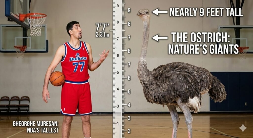 Male ostrich height compared to Gheorghe Muresan on a basketball court.