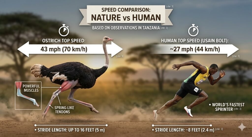 An infographic diagram comparing the top running speed of an ostrich (43 mph / 70 km/h) to Usain Bolt (27 mph / 44 km/h), showing their acceleration and stride length