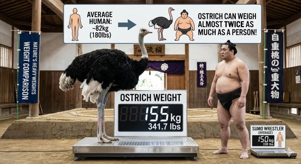A side-by-side weight comparison between an adult male ostrich and a sumo wrestler, with the ostrich standing on a large digital scale indicating 155 kg (341.7 lbs), showing they are much heavier than humans.