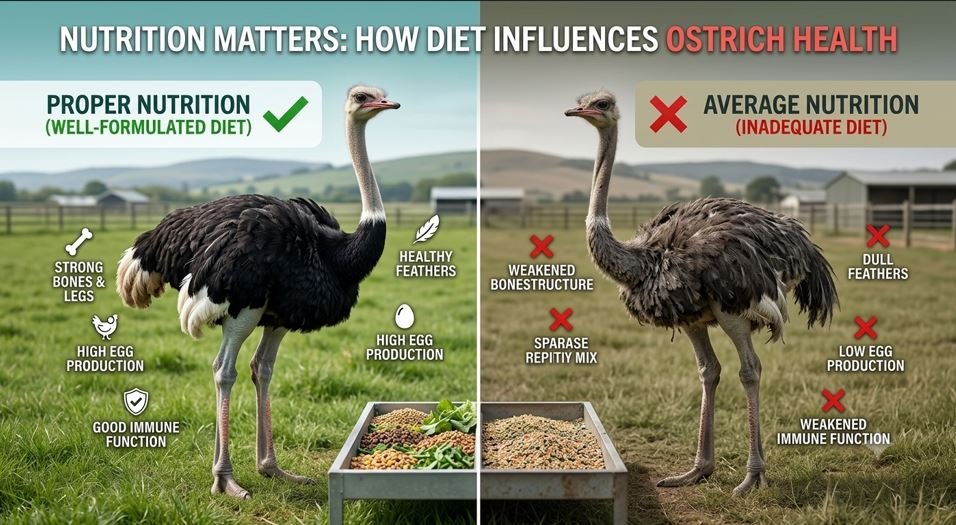 Side-by-side comparison of ostrich health showcasing the benefits of proper nutrition with a healthy ostrich versus the risks of an inadequate diet.