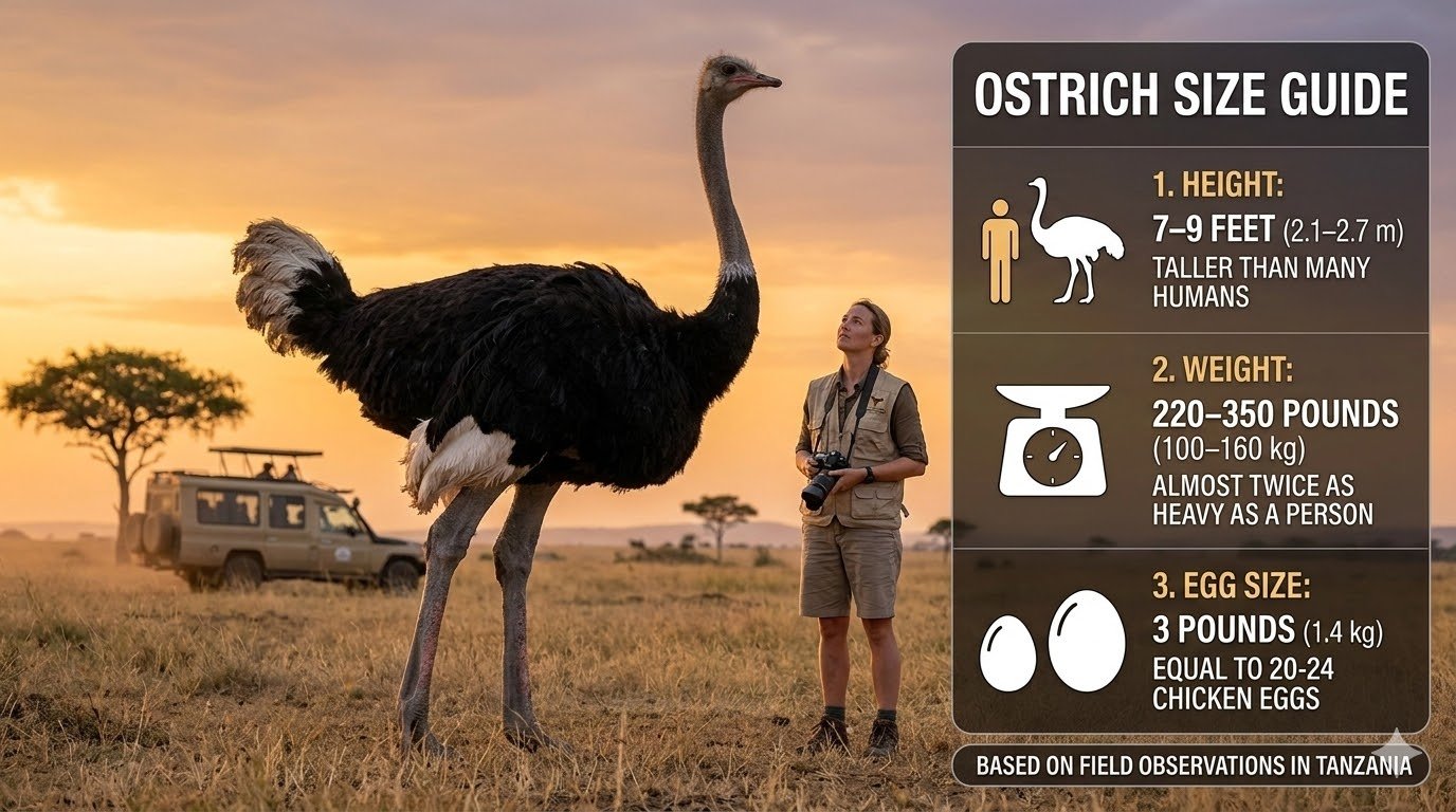 A featured image guide to ostrich size, displaying a massive male ostrich on the African savanna in Tanzania next to a human observer, with a side panel infographic that compares height (9ft), weight (350lbs), and egg size (3lbs).