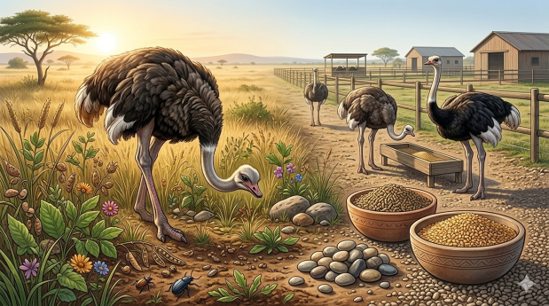 A featured image for an article about ostrich diet, comparing wild ostriches foraging in a savanna (with wild plants, seeds, and stones) against farmed ostriches with custom feed pellets and grain.