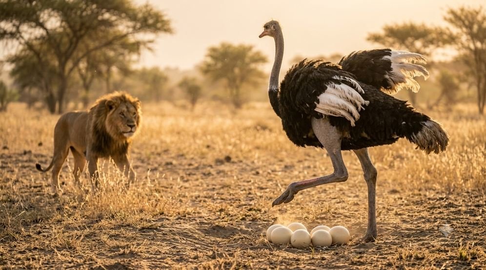 ostrich defending its nest and the image answer the question: Do Ostriches Really Bury Their Heads in the Sand? 