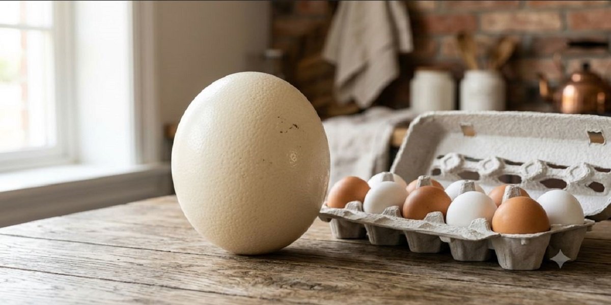 Fresh ostrich egg next to chicken eggs showing the size difference.