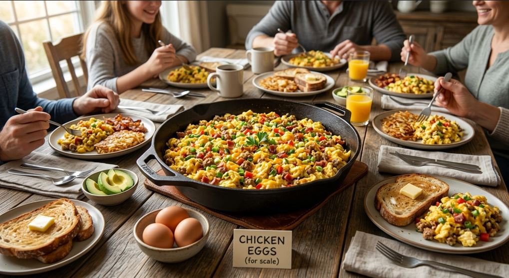 One ostrich egg prepared for a large family breakfast.