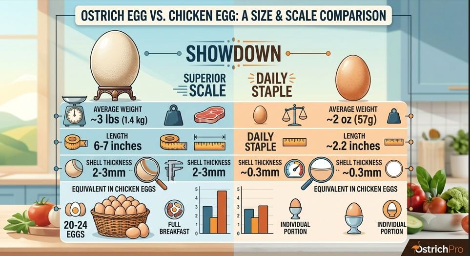 A comparison table: Size and Scale of Ostrich Egg vs Chicken Egg