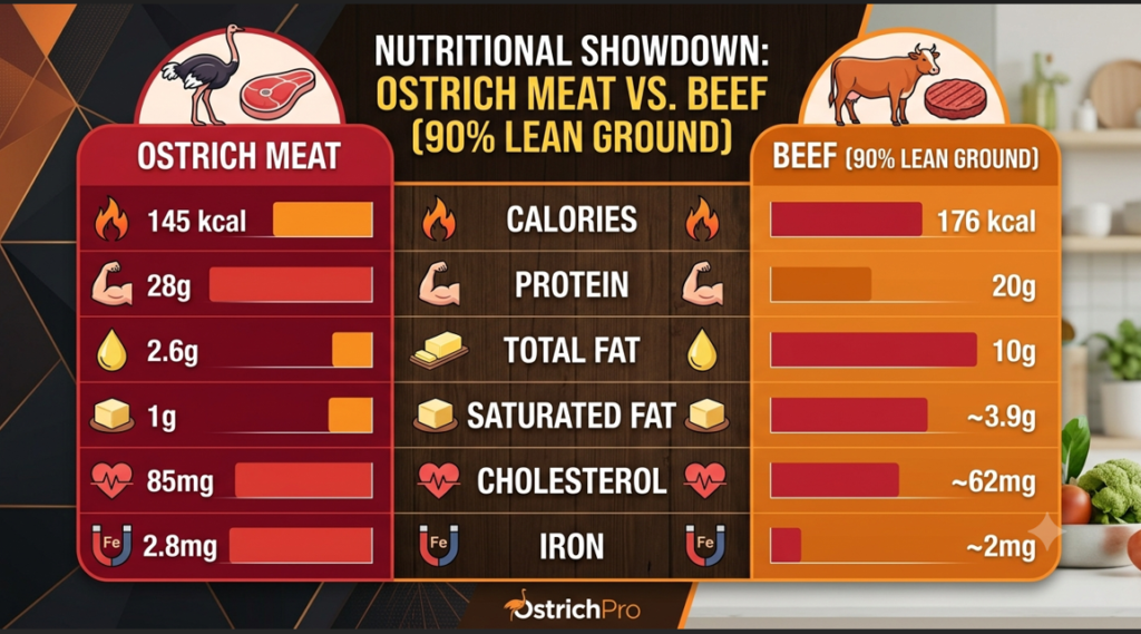 Ostrich vs beef nutrition facts per 100g