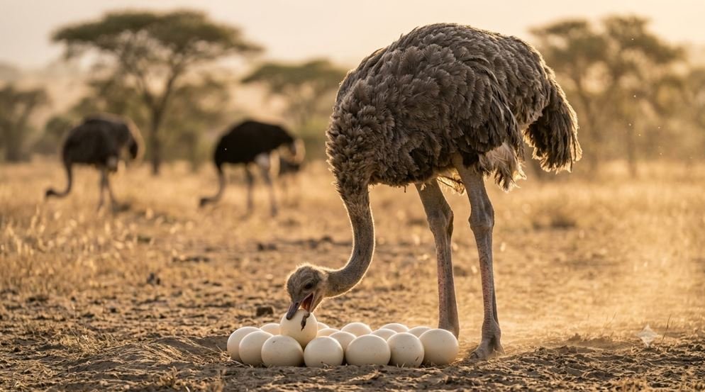 ostrich turning eggs in nest