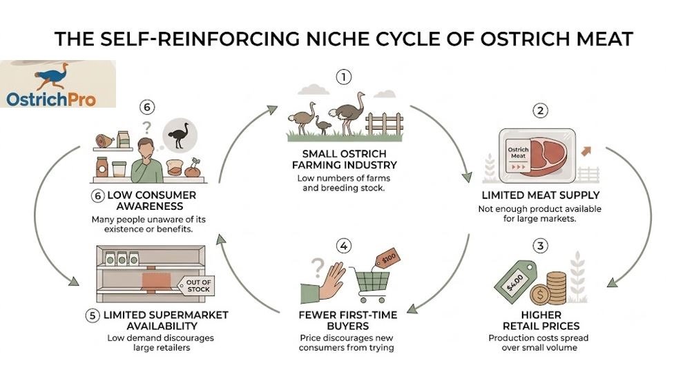 Self-reinforcing cycle explaining why people don't eat ostriches more often