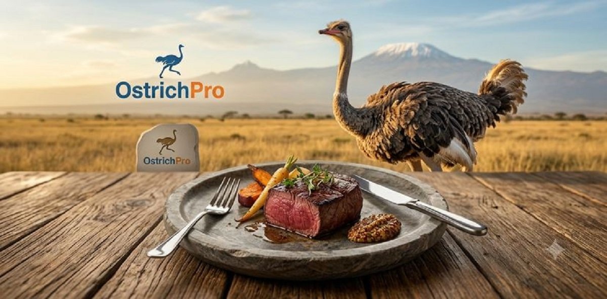 Adult ostrich standing on an African savanna beside a plated ostrich steak, illustrating why people don't eat ostriches more often.