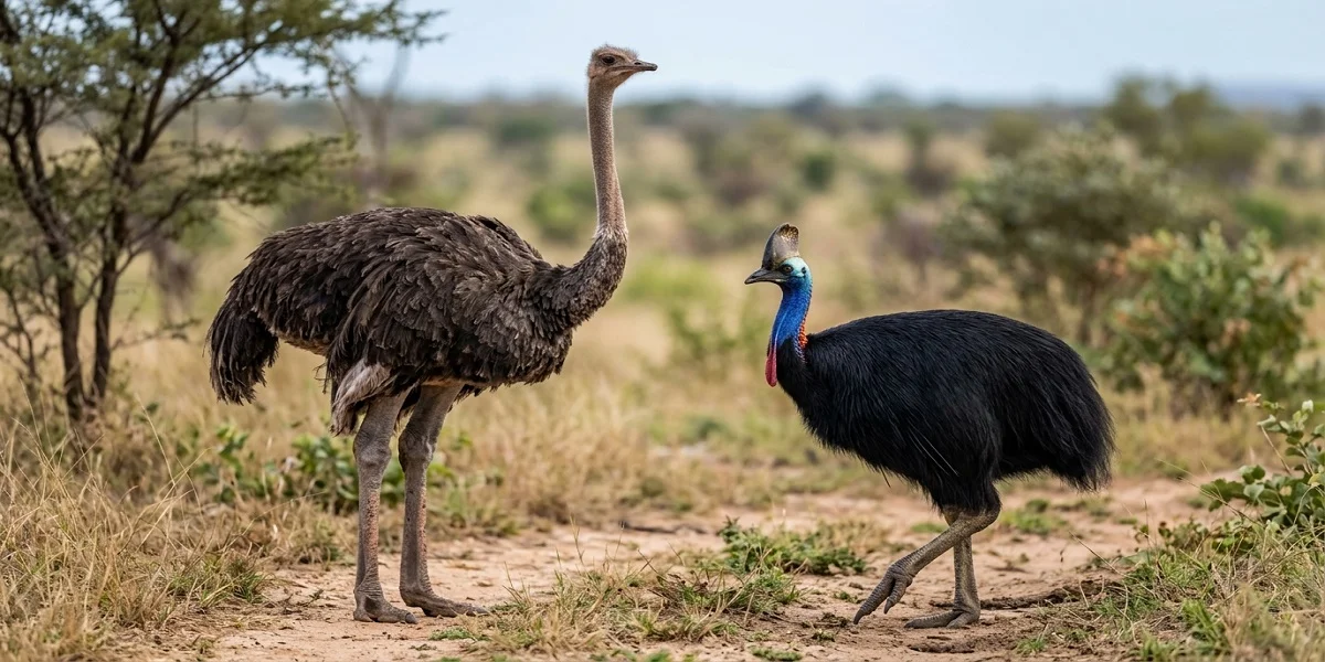 Ostrich vs Cassowary side-by-side illustration showing body scale and a