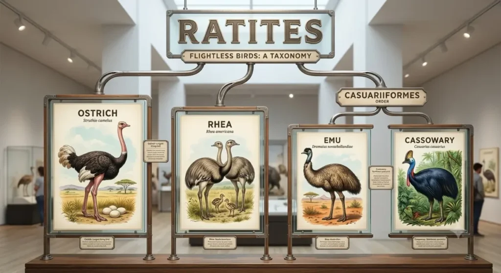 ratities of ostrich vs emu vs rhea vs cassowary