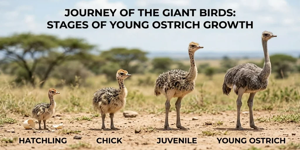 A photographic graphic showing four stages of ostrich growth side by side from left to right: Hatchling, Chick, Juvenile, and Young Ostrich in a savanna setting.