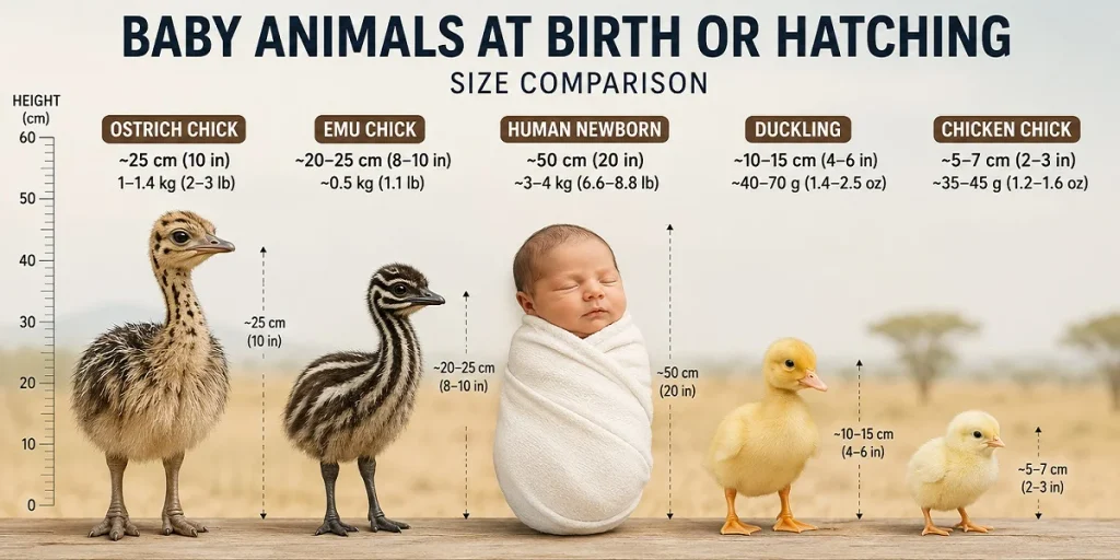 Baby ostrich size compared with an emu chick, human newborn, duckling, and chicken chick
