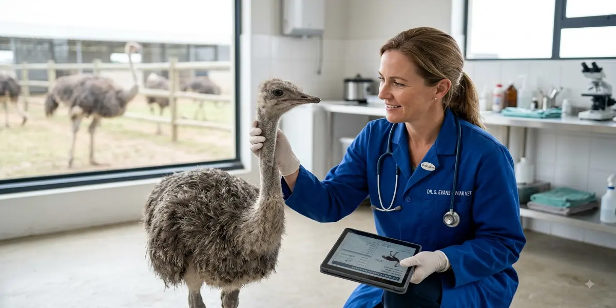 A professional veterinarian examining a juvenile ostrich with a diagnostic tablet in a modern clinic to prevent common ostrich diseases.