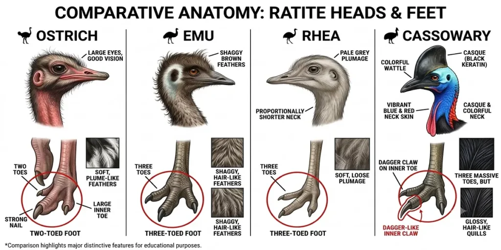 comparative anatomy ostrich vs emu vs rhea vs cassowary