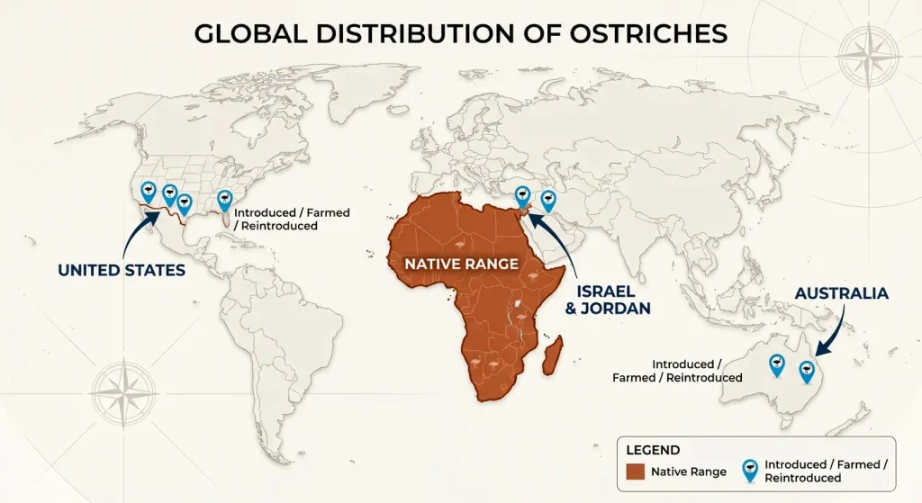 World map displaying global ostrich distribution, highlighting Africa as the native range alongside introduced, farmed, and reintroduced populations in Australia, the United States, and the Middle East.