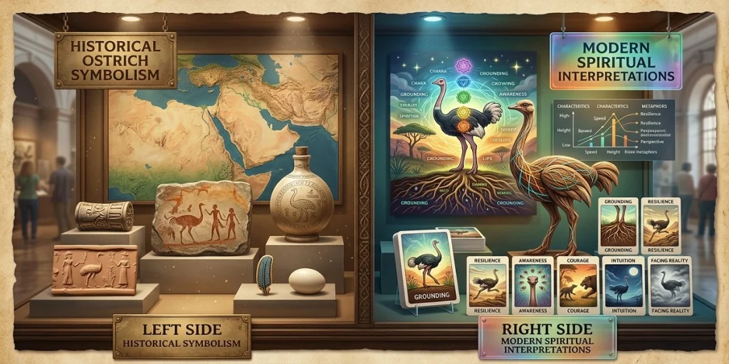 A split display comparing historical ostrich symbolism- featuring ancient seals, rock art, and museum artifacts with modern spiritual interpretations like spirit animal cards representing grounding, awareness, and resilience.