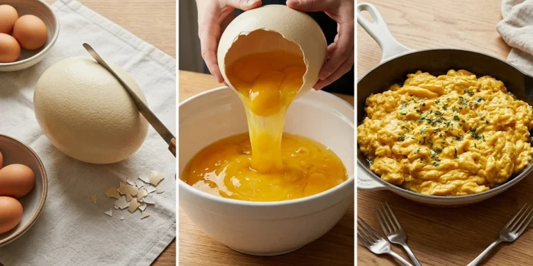 A three-step process showing how to open, pour, and cook a massive ostrich egg. The sequence features a handsaw cutting the shell, pouring the golden yolk and white into a bowl, and the final scrambled ostrich egg in a wide cast iron skillet, all highlighting the impressive scale compared to a normal egg.