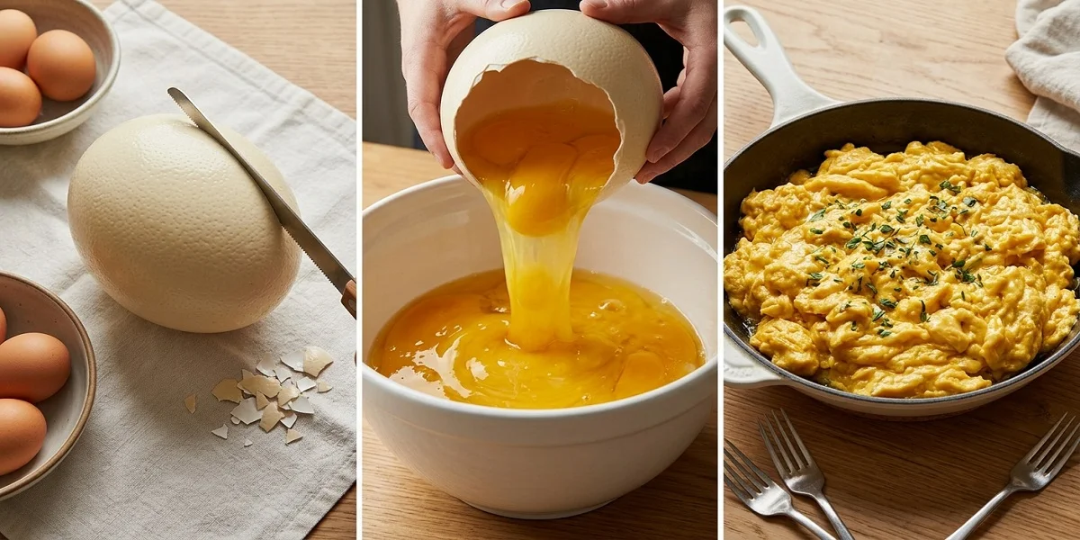 A three-step process showing how to open, pour, and cook a massive ostrich egg. The sequence features a handsaw cutting the shell, pouring the golden yolk and white into a bowl, and the final scrambled ostrich egg in a wide cast iron skillet, all highlighting the impressive scale compared to a normal egg.