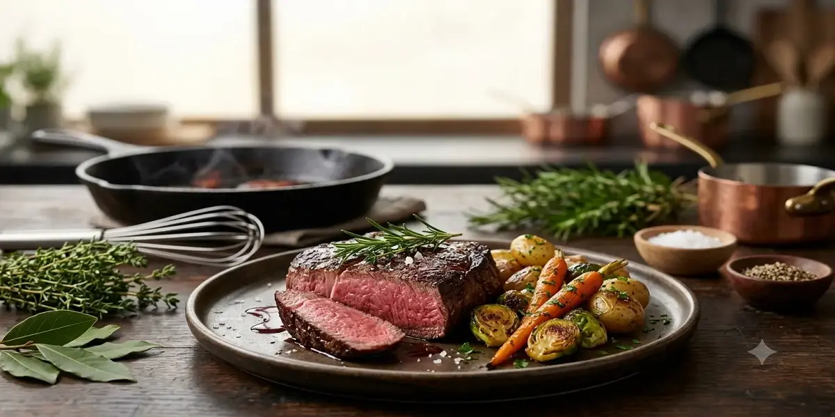Medium rare ostrich steak being cooked with a cast iron skillet and herbs