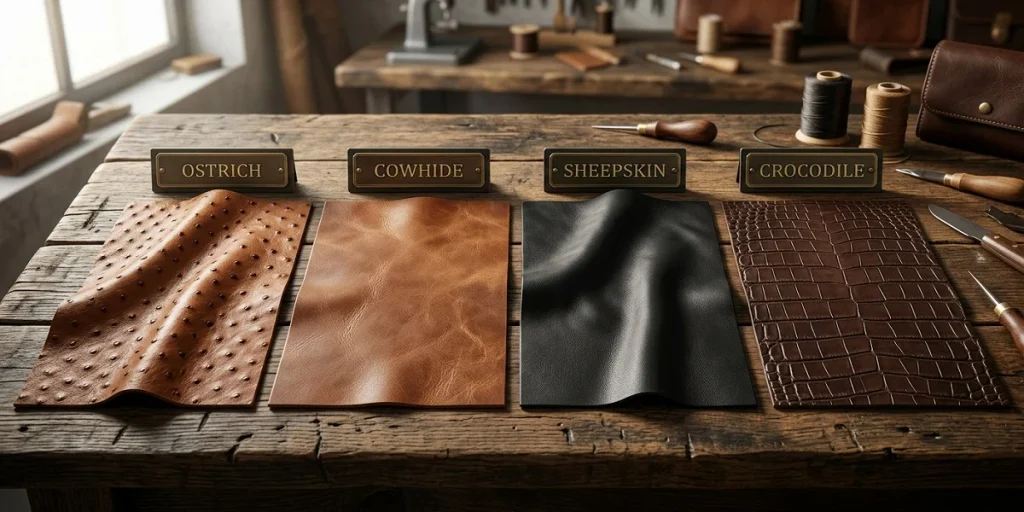 "A side-by-side comparison of four different real leather types on a wooden workshop table: Ostrich with quill pattern, smooth Cowhide, fine-grained Sheepskin, and textured Crocodile skin."