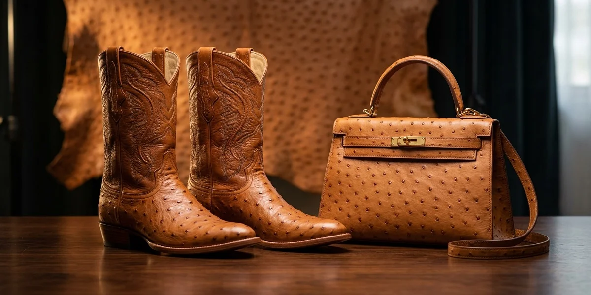 Pair of cognac tan full-quill ostrich leather boots and matching luxury handbag on a dark polished wooden table.
