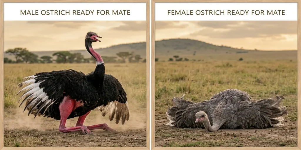 A side-by-side comparison of a male ostrich performing the 'kantling' display with bright pink skin and a receptive female ostrich crouching with lowered head on the savanna.