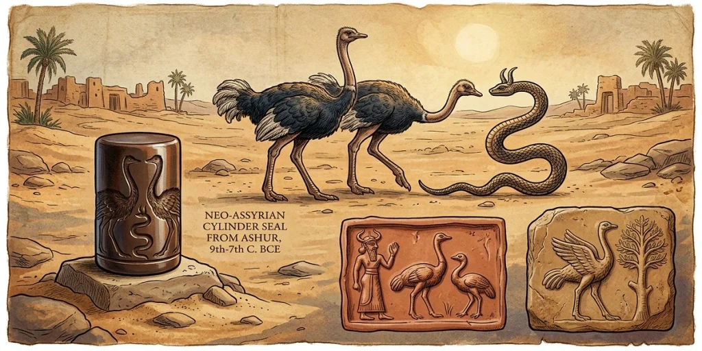 An educational illustration showing Neo-Assyrian cylinder seal art from Ashur featuring ostriches and a serpent, depicting the historical symbolism of ostriches in the ancient Near East.