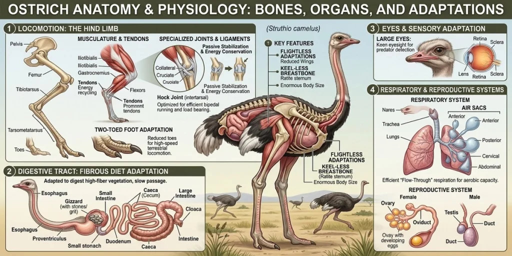 Detailed infographic showing the ostrich anatomy and physiology, including the skeletal hind limb structure, two-toed foot, digestive tract, air sacs, giant eye cross-section, and keel-less breastbone.