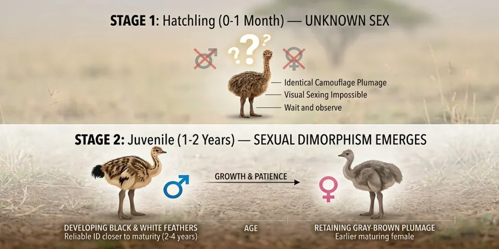 Educational biology infographic showing sex determination stages in ostriches. Stage 1 highlights hatchlings with identical camouflage plumage where sexing is impossible. Stage 2 shows juvenile ostriches where males develop black & white feathers and females retain gray-brown plumage, enabling visual identification.