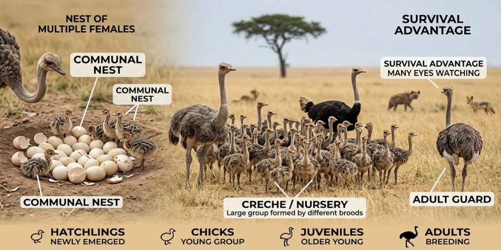 An educational graphic illustrating ostrich social groups: a communal nest with eggs, a large nursery creche of mixed broods, and adult guardian ostriches.