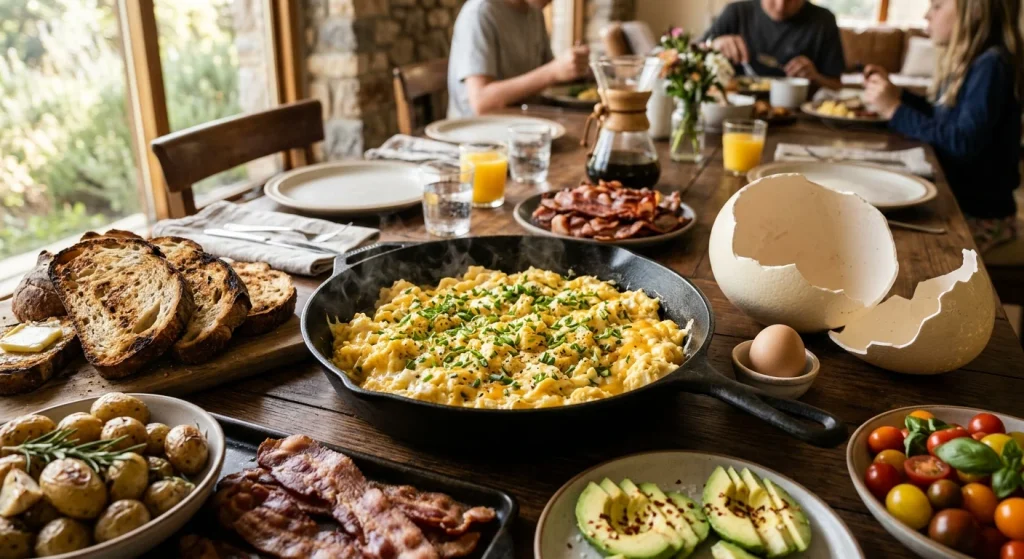 A lavish brunch table spread demonstrating how to cook an ostrich egg meals family-style, featuring a massive skillet of scrambled eggs alongside the large hollowed-out shell as a centerpiece.
