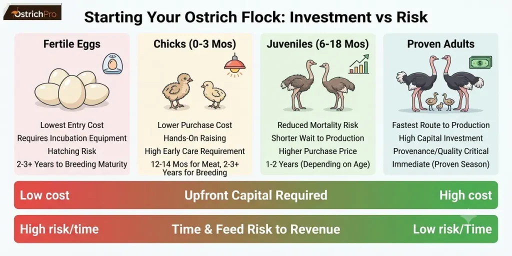 An infographic matrix comparing four ostrich flock entry points: fertile eggs, chicks, juveniles, and proven adults. Shows upfront capital requirements increasing from low to high while time and feed risk to revenue decreases from high to low.
