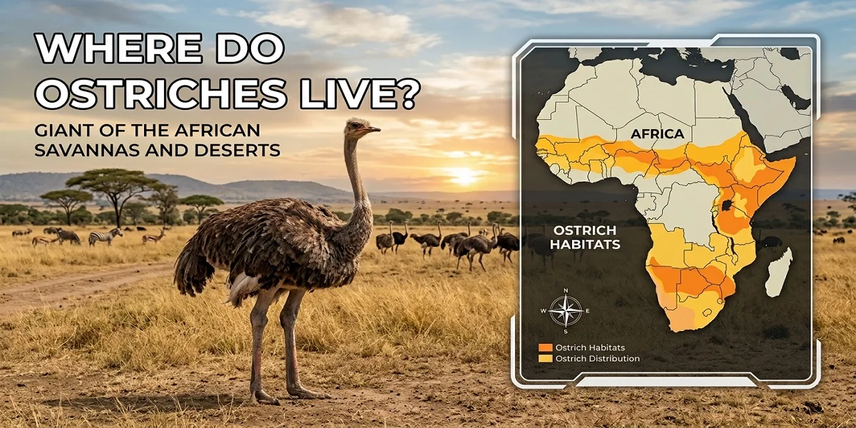 An ostrich standing in an African savanna landscape at sunset with an graphic inset showing the ostrich habitat distribution map of Africa, labeled "Where Do Ostriches Live?"
